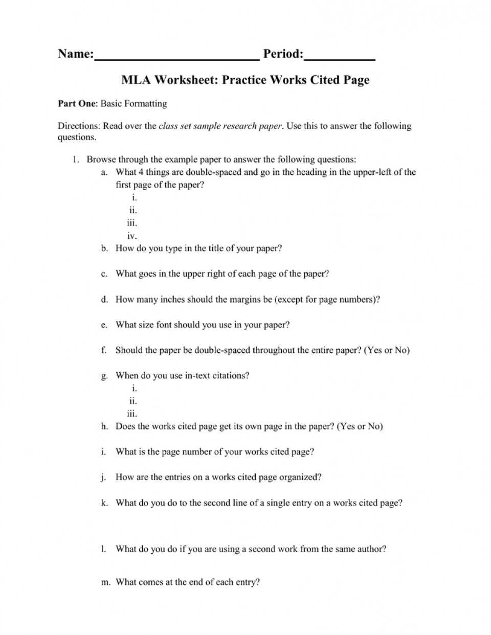013 Mla Research Paper In Text Citations ~ Museumlegs Pertaining To Mla Citation Practice Worksheet