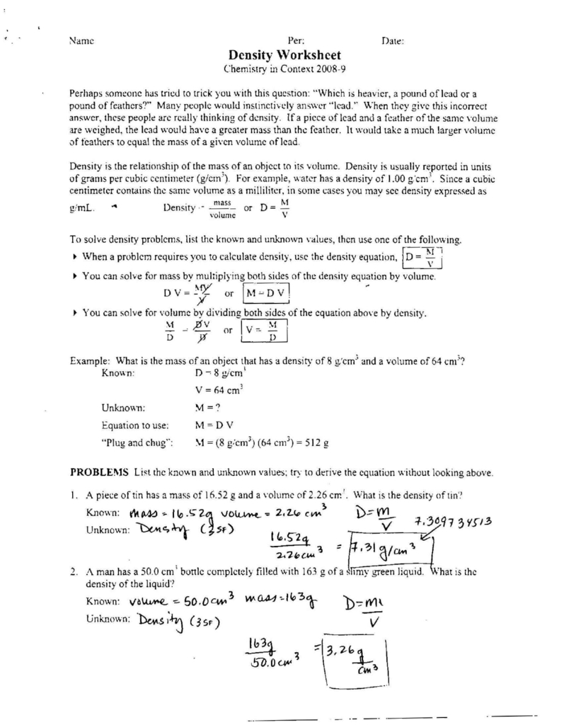 28 Density Worksheet Chemistry Answers - Ekerekizul Regarding Density Calculations Worksheet Answers