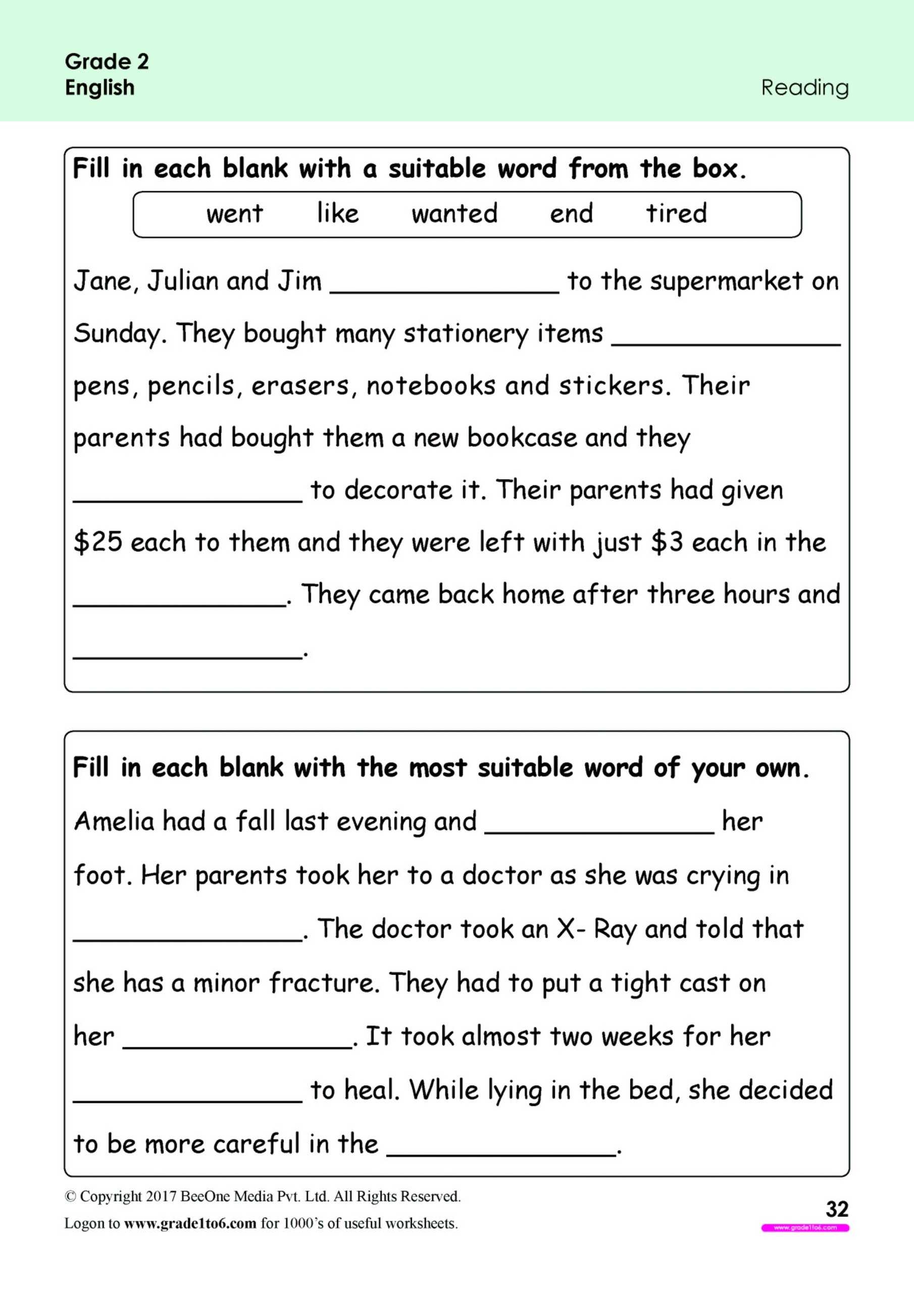 2Nd Grade Reading Comprehension Worksheets|Www.grade1To6 in English Worksheet For Grade 2