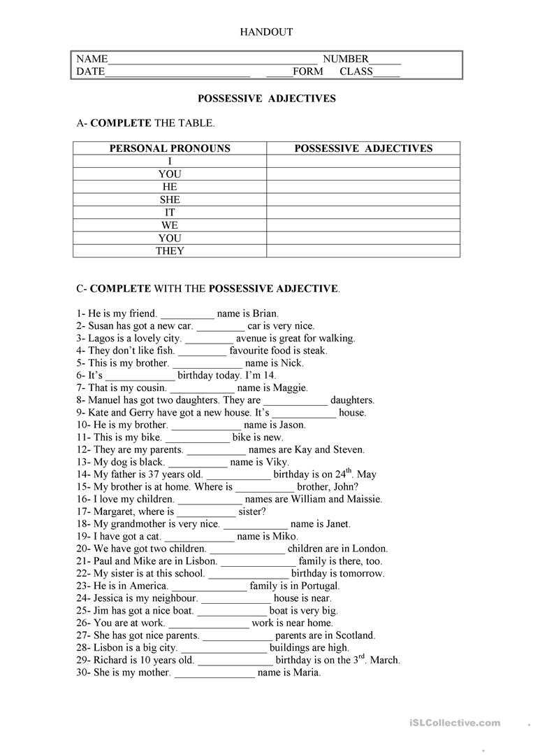 30 Possessive Adjective Spanish Worksheet | Education Template For Possessive Adjectives Spanish Worksheet