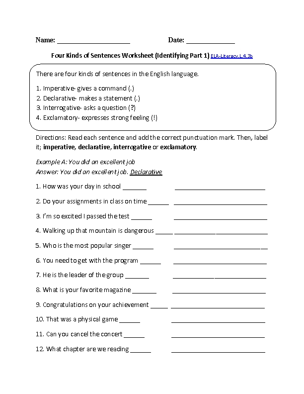 4Th Grade Common Core | Language Worksheets Regarding Types Of Sentences Worksheet