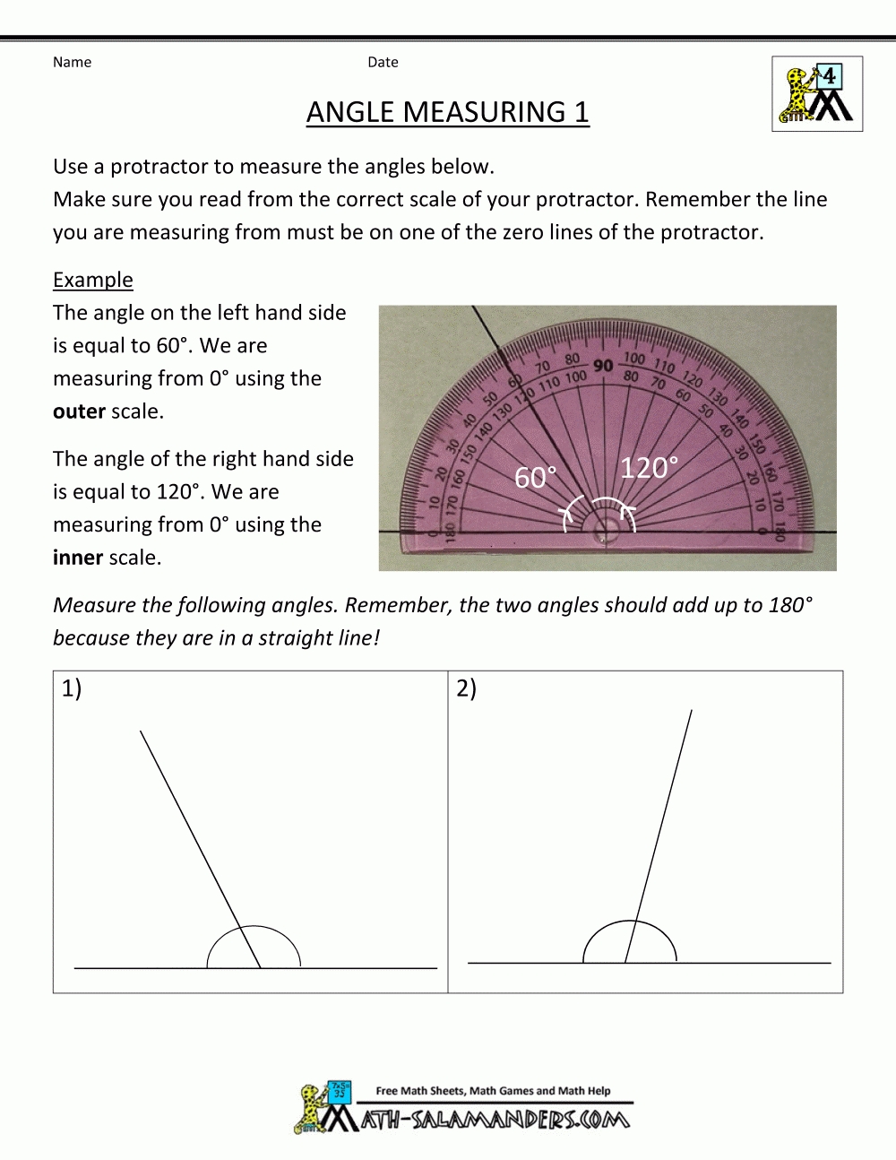4Th Grade Geometry for Finding Angle Measures Worksheet