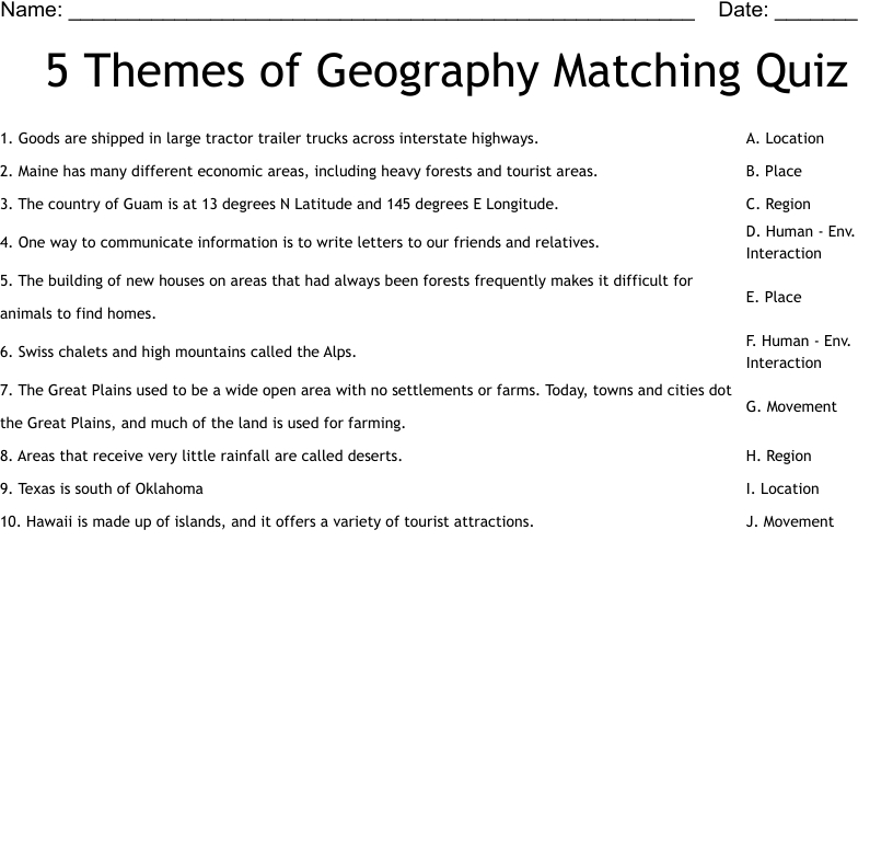 5 Themes Of Geography Matching Quiz Worksheet - Wordmint in Five Themes Of Geography Worksheet