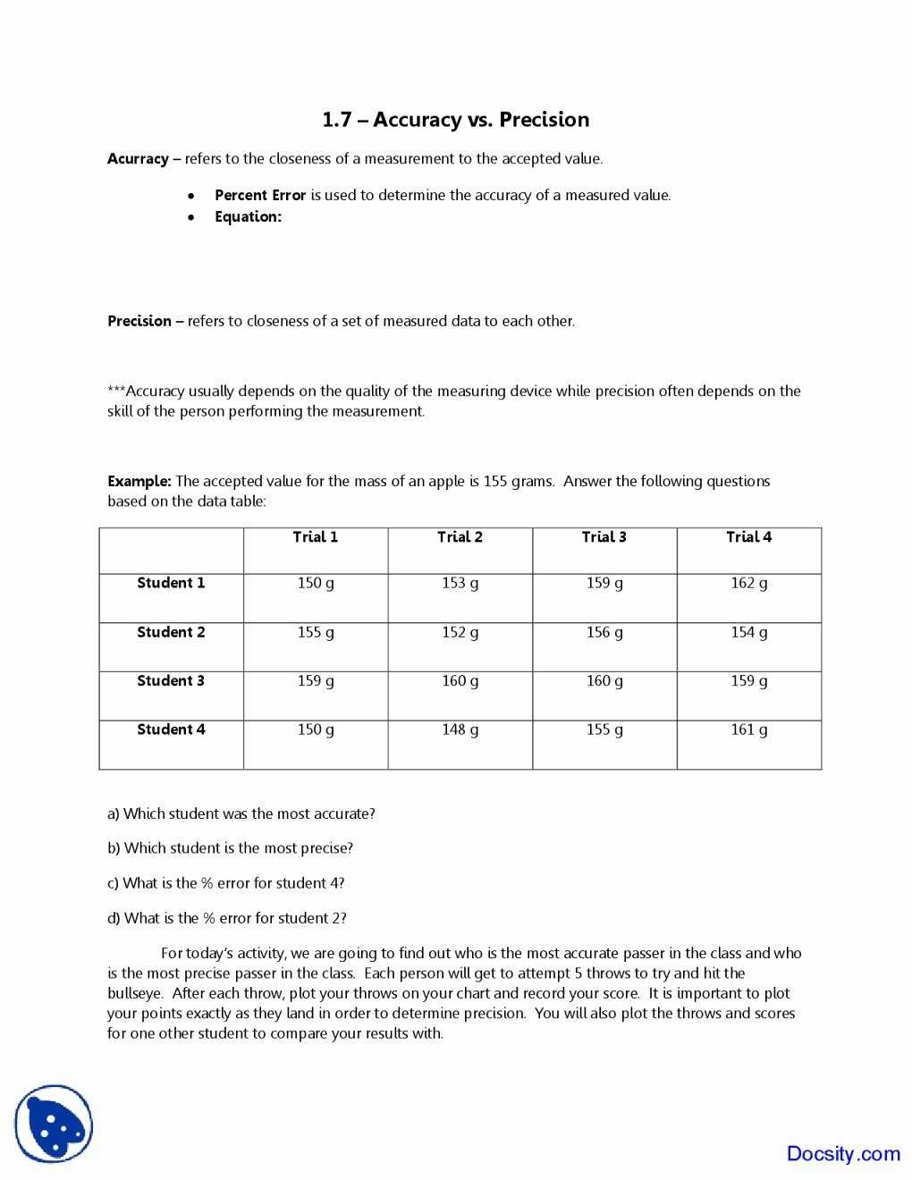 50 Accuracy And Precision Worksheet | Chessmuseum Template Library in Accuracy Vs Precision Worksheet