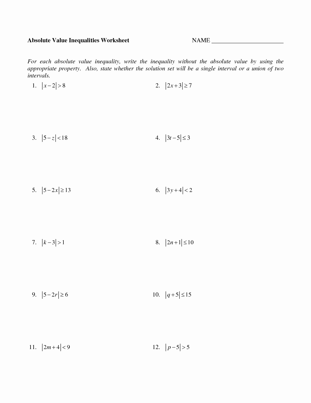 50 Graphing Absolute Value Inequalities Worksheet | Chessmuseum throughout Solving Absolute Value Inequalities Worksheet