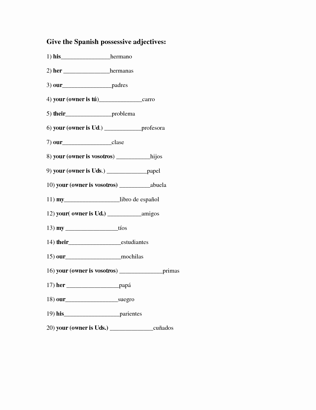 50 Possessive Adjective Spanish Worksheet | Chessmuseum Template Library for Possessive Adjectives Spanish Worksheet