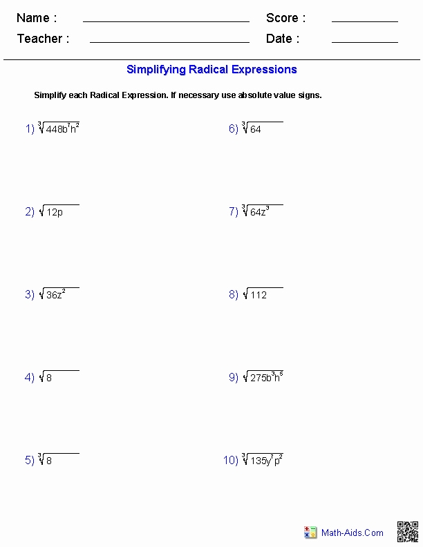 50 Simplifying Radicals Practice Worksheet | Chessmuseum Template Library throughout Simplifying Radicals Worksheet Algebra 1