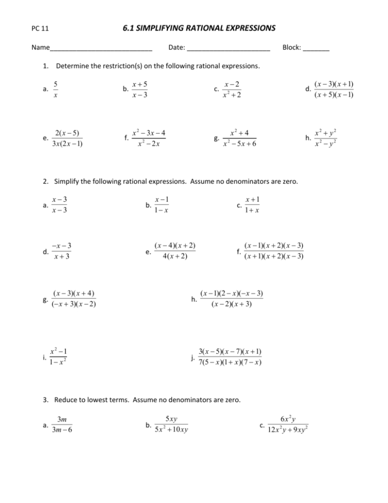 6.1 Simplifying Rational Expressions Worksheet Regarding Simplify Rational Expressions Worksheet