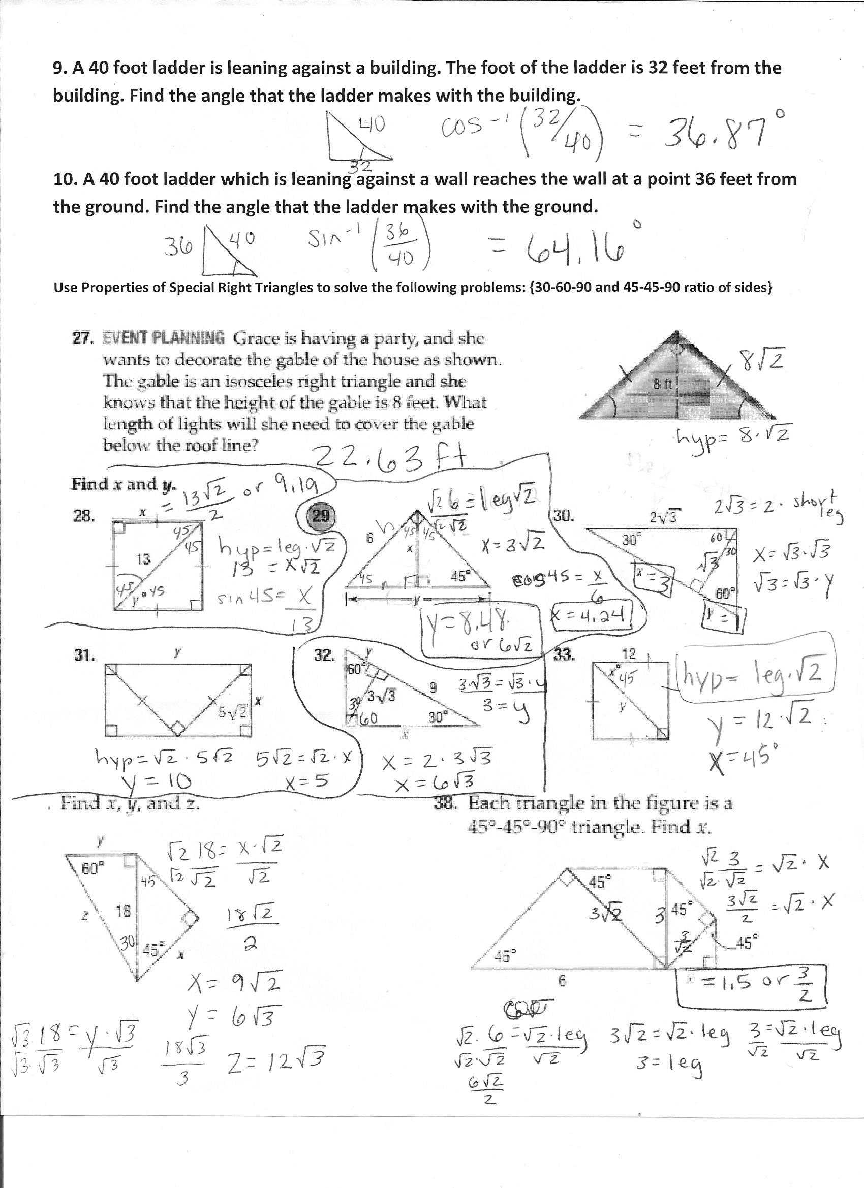 8-2 Practice Special Right Triangles Form G With Work :: The Teaching Museum with Special Right Triangles Practice Worksheet