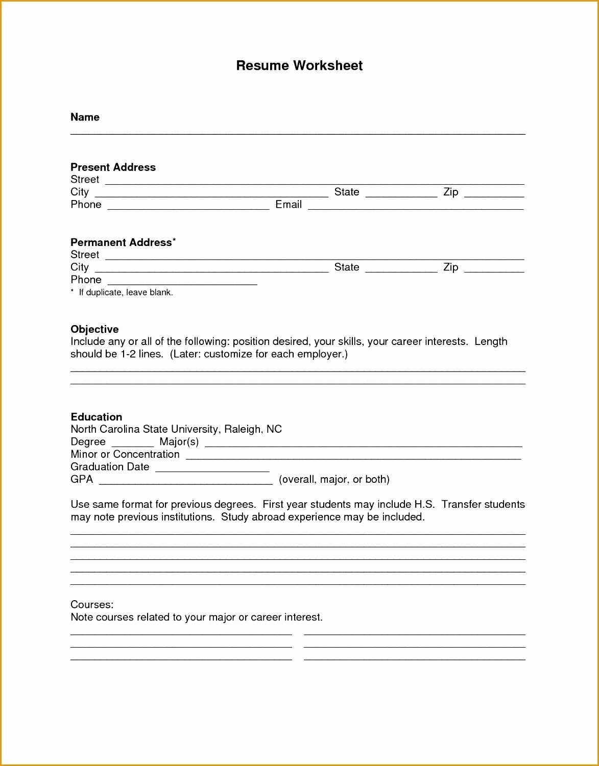 8 Blank Resume Template Pdf - Free Samples , Examples & Format Resume With Regard To Resume Worksheet For Adults