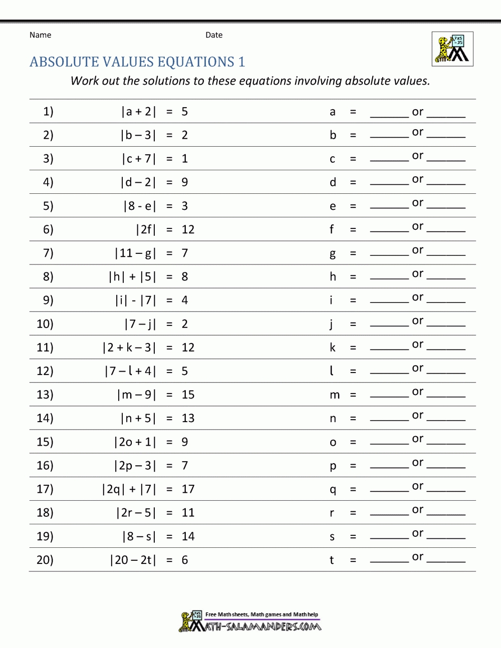Absolute Value Worksheets Regarding Solving Absolute Value Equations Worksheet