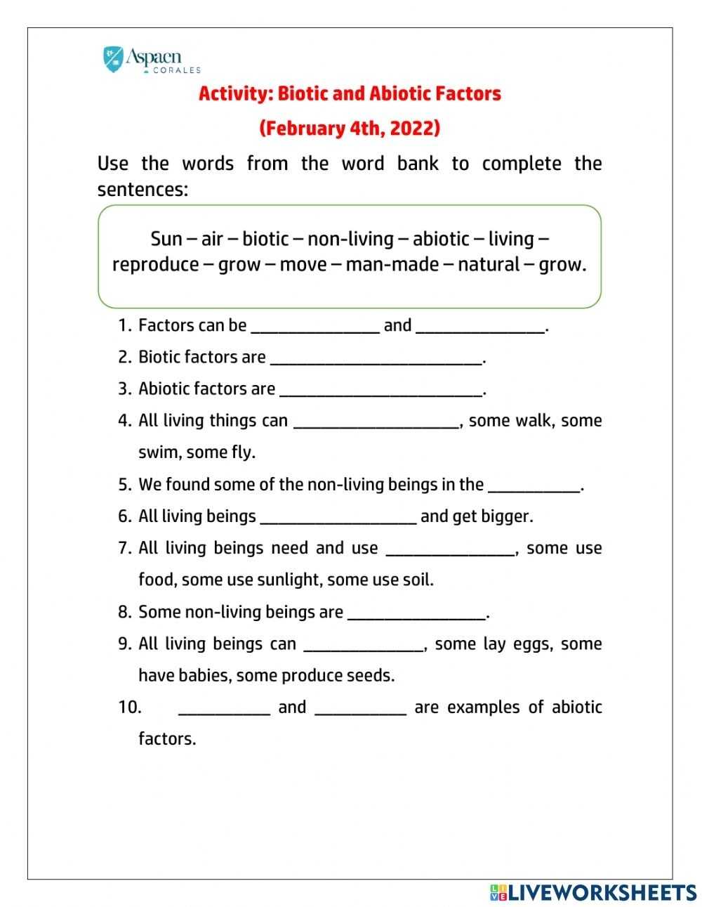 Activity: Biotic And Abiotic Factors (February 4Th, 2022) Worksheet Inside Biotic And Abiotic Factors Worksheet
