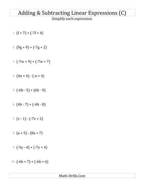 Adding And Subtracting And Simplifying Linear Expressions (C) In Simplifying Linear Expressions Worksheet