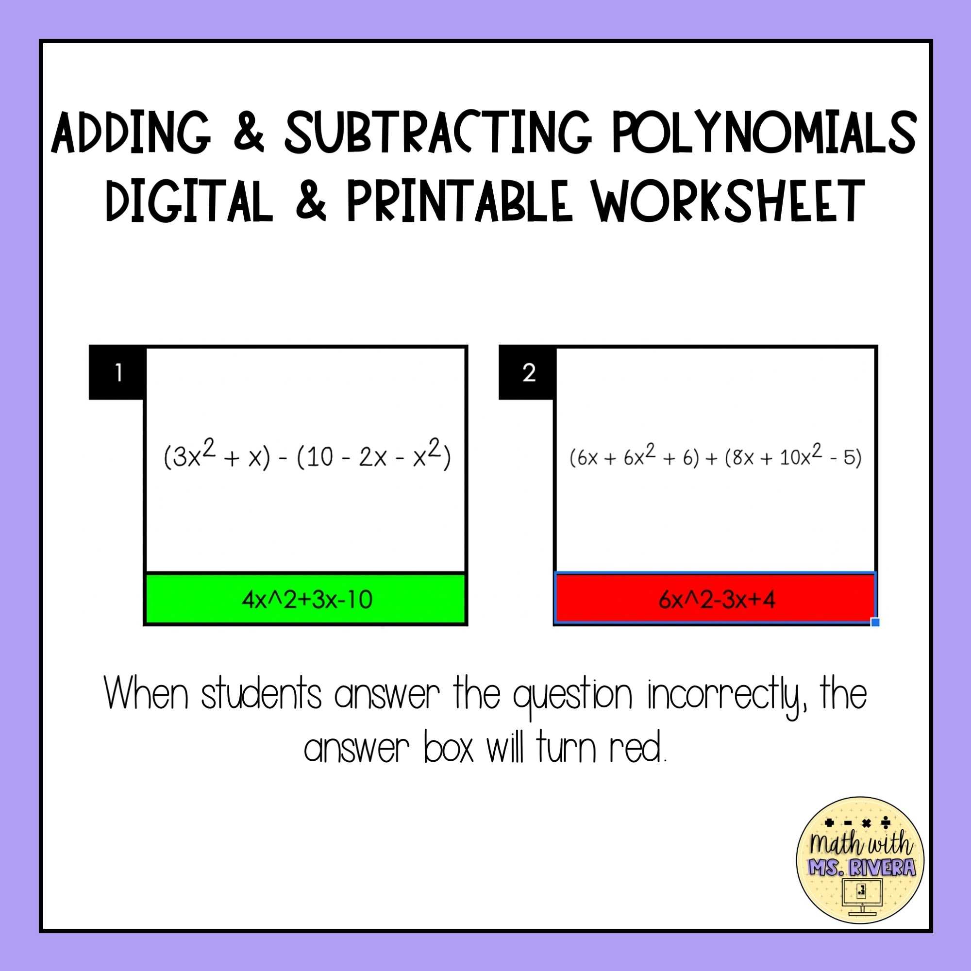 Adding And Subtracting Polynomials Digital &amp; Printable Worksheet - Math With Ms. Rivera in Adding Subtracting Polynomials Worksheet