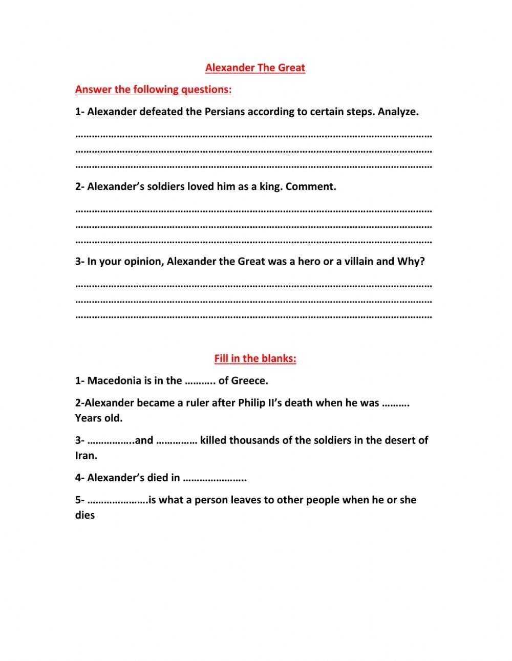 Alexander The Great Worksheet in Alexander The Great Worksheet