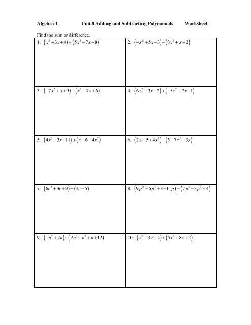 Algebra 1 10.1 Worksheet Adding And Subtracting Polynomials Answers regarding Adding And Subtracting Polynomials Worksheet