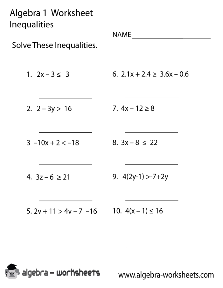 Algebra 1 Inequalities Worksheet — Excelguider With Algebra 1 Inequalities Worksheet