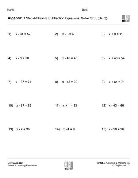 Algebra: 1 Step Addition & Subtraction Equations (Set 2) - Childrens Intended For Algebra 1 Functions Worksheet