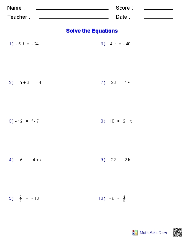 Algebra 1 Worksheets | Equations Worksheets throughout Algebra 1 Functions Worksheet
