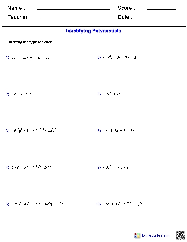 Algebra 1 Worksheets | Monomials And Polynomials Worksheets Intended For Dividing Polynomials By Monomials Worksheet