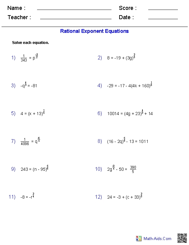 Algebra 2 Worksheets | Radical Functions Worksheets Throughout Rational Exponents And Radicals Worksheet