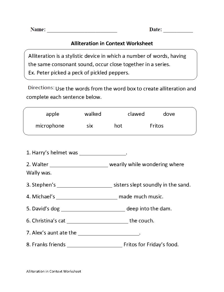 Alliteration Assonance Consonance Worksheet with Sound Devices In Poetry Worksheet