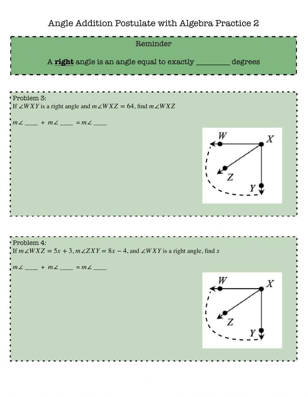 Angle Addition Postulate Algebraic Practice 2 Worksheet regarding Angle Addition Postulate Worksheet