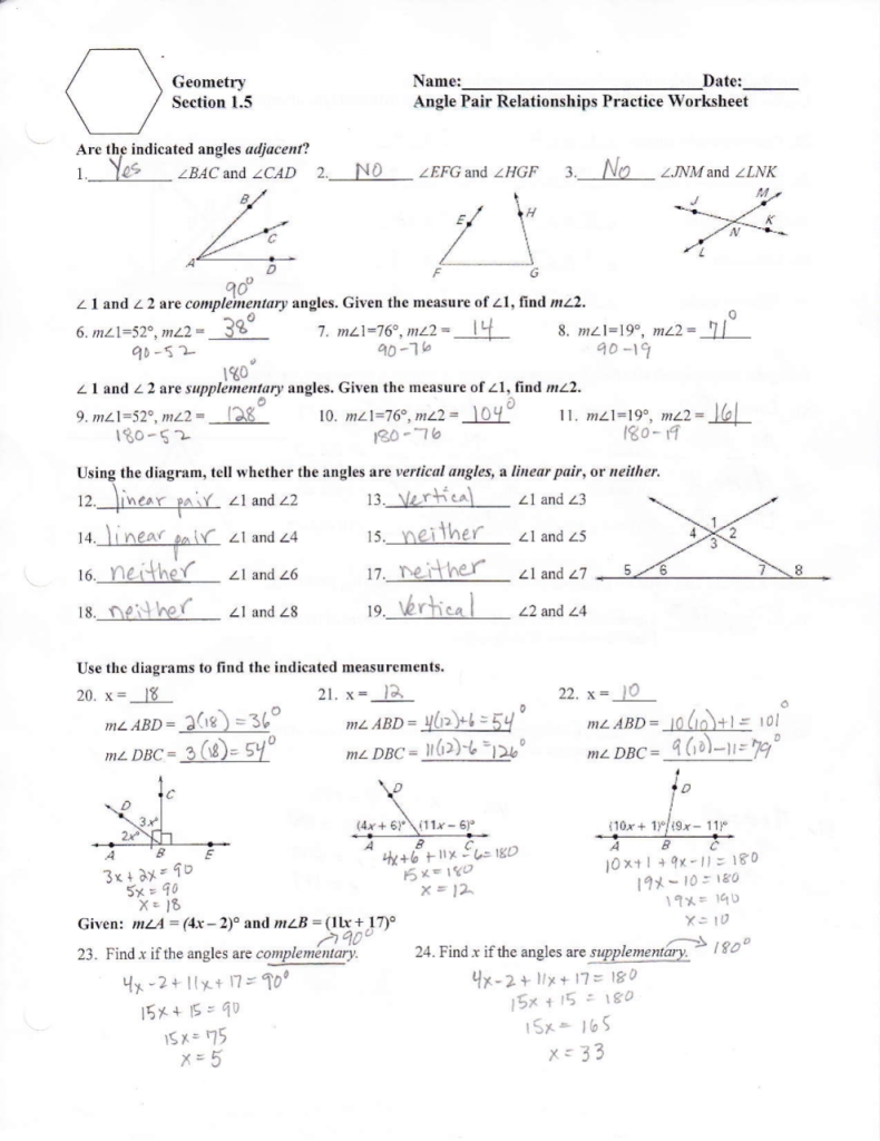 Angle Pair Relationships Worksheet Geometry Section 1.5 - Thekidsworksheet in Angle Pair Relationships Worksheet