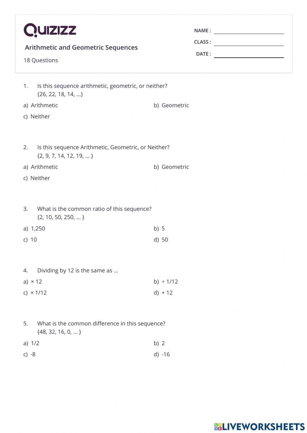 Arithmetic And Geometric Sequences Worksheet within Arithmetic And Geometric Sequences Worksheet