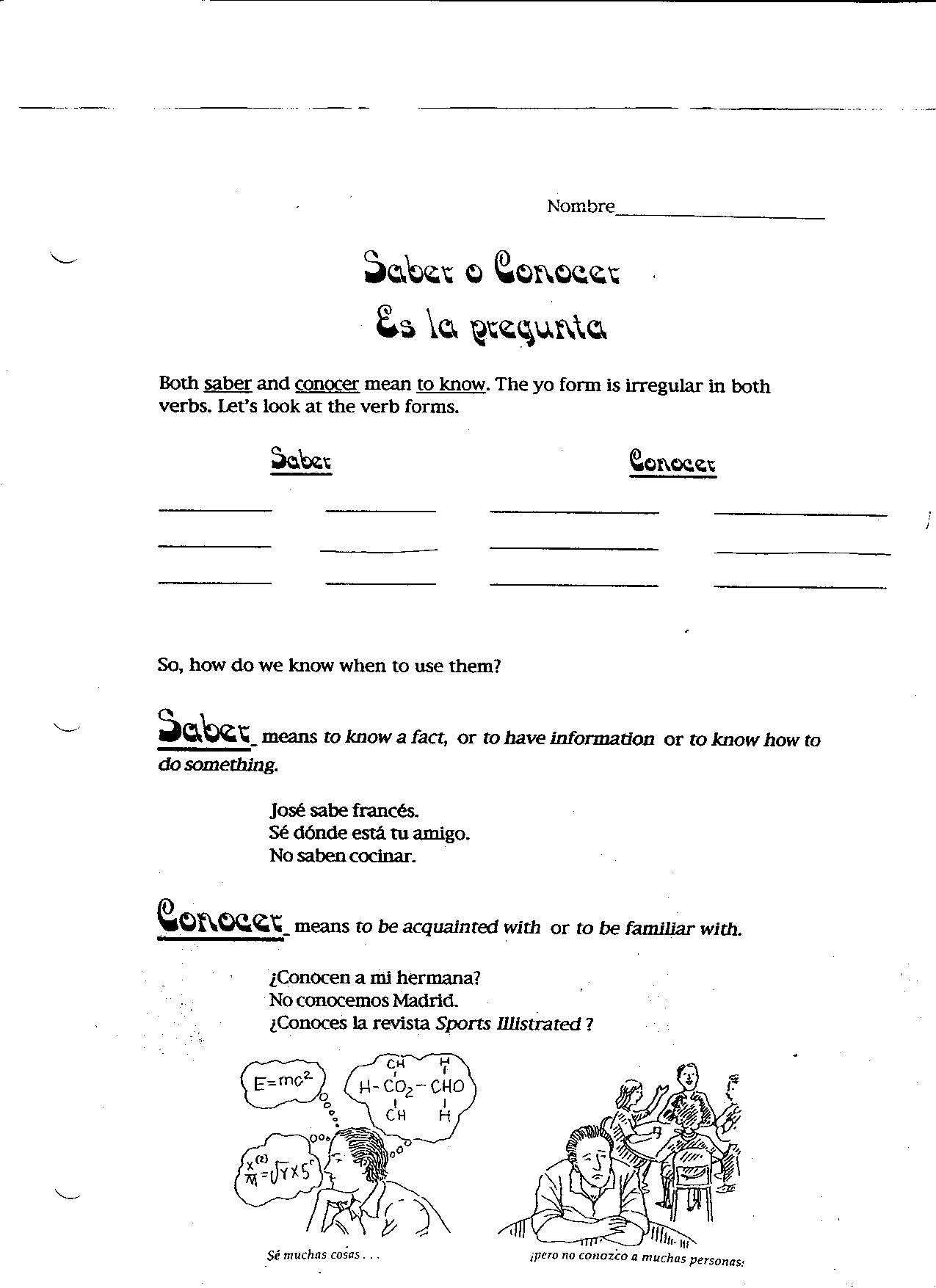 Attachments (Pdfs) - Clase De Ms. Gilbert pertaining to Saber Vs Conocer Worksheet