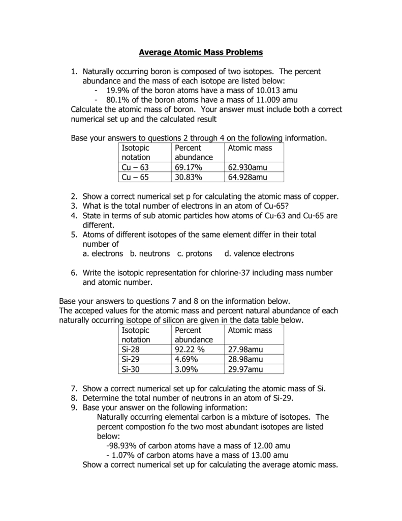 Average Atomic Mass Problems — Db Excel Pertaining To Calculating Average Atomic Mass Worksheet