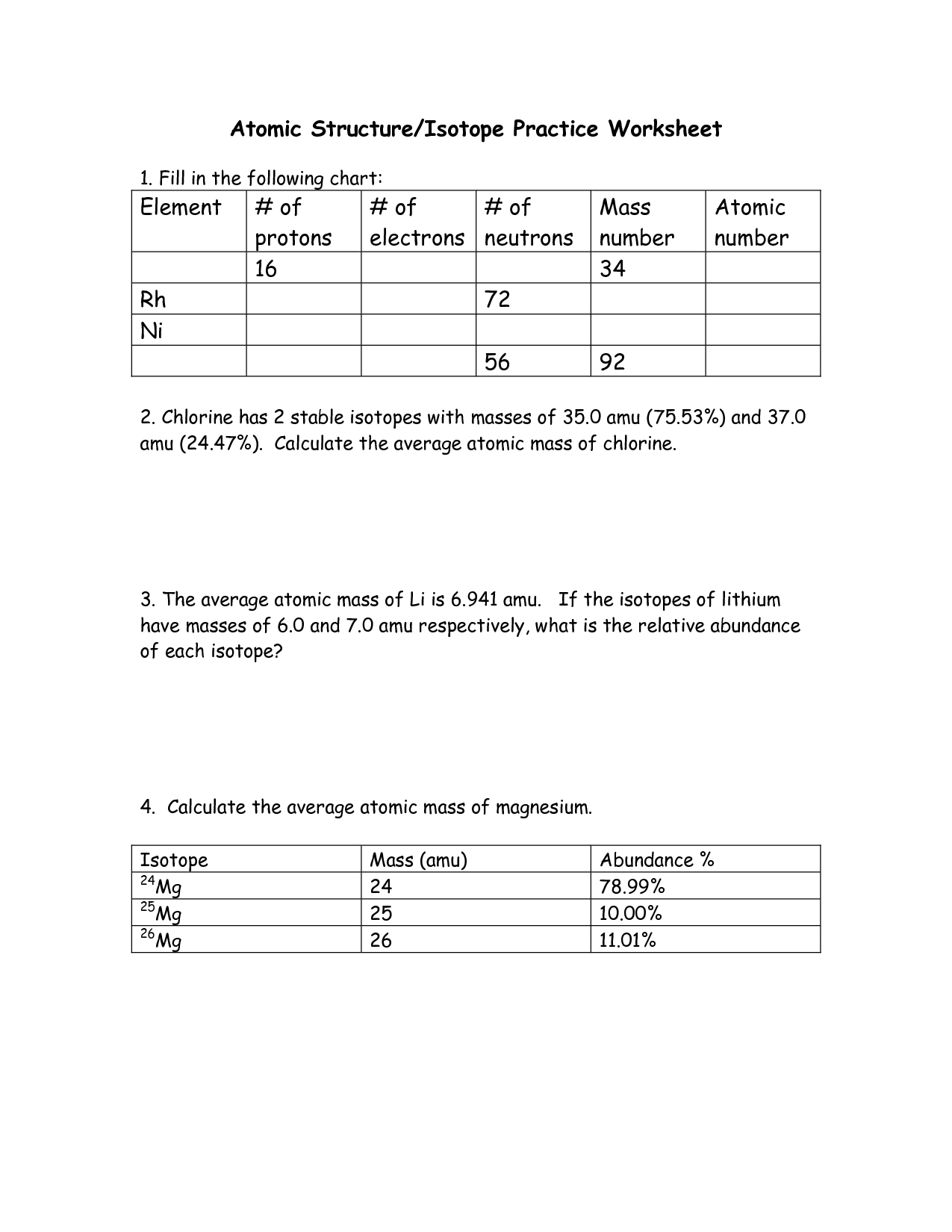 Average Atomic Mass Worksheet - Escolagersonalvesgui Pertaining To Average Atomic Mass Worksheet