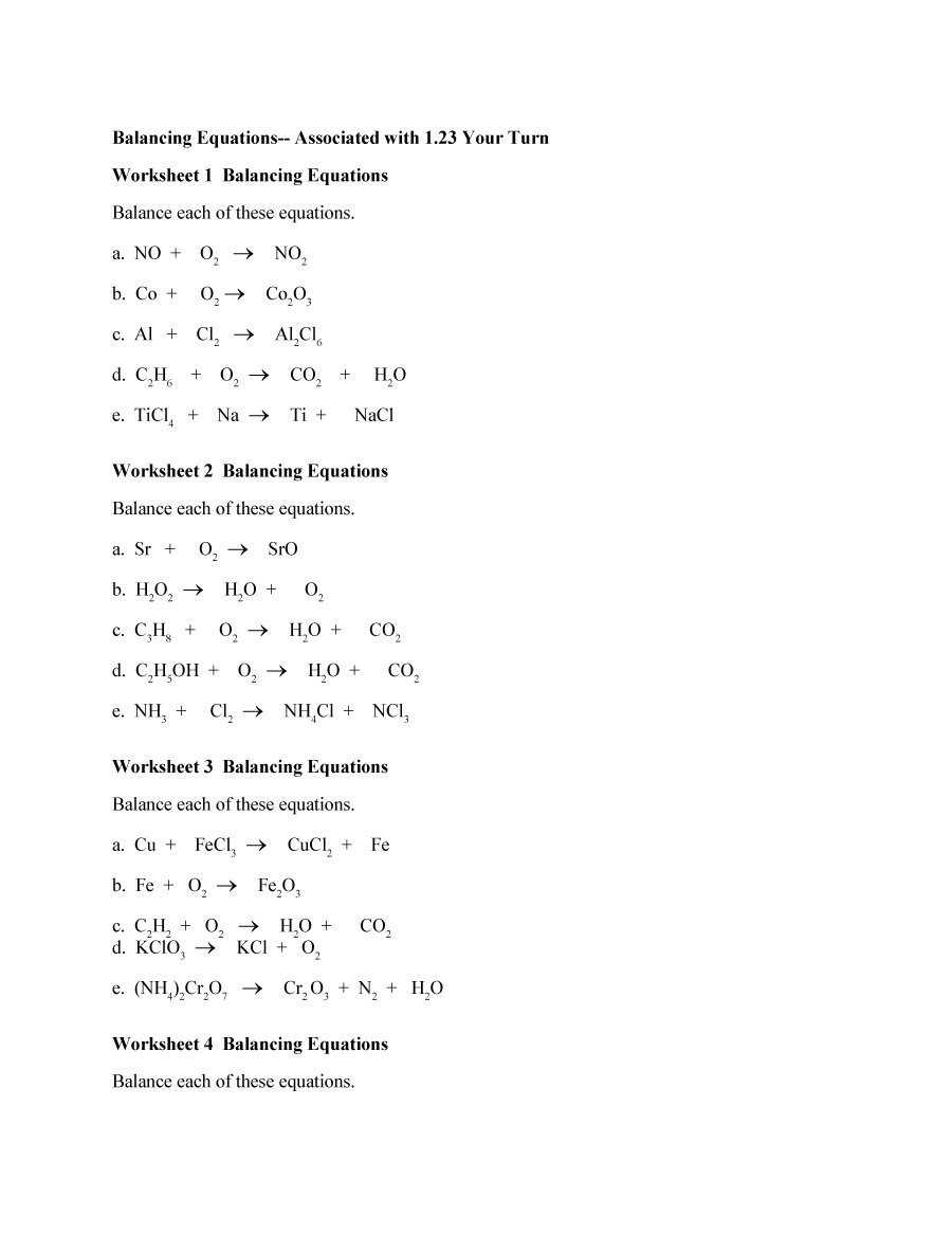 Balancing Chemical Equations Worksheet 1 Answers — Db Excel In Balancing Chemical Equations Worksheet 1
