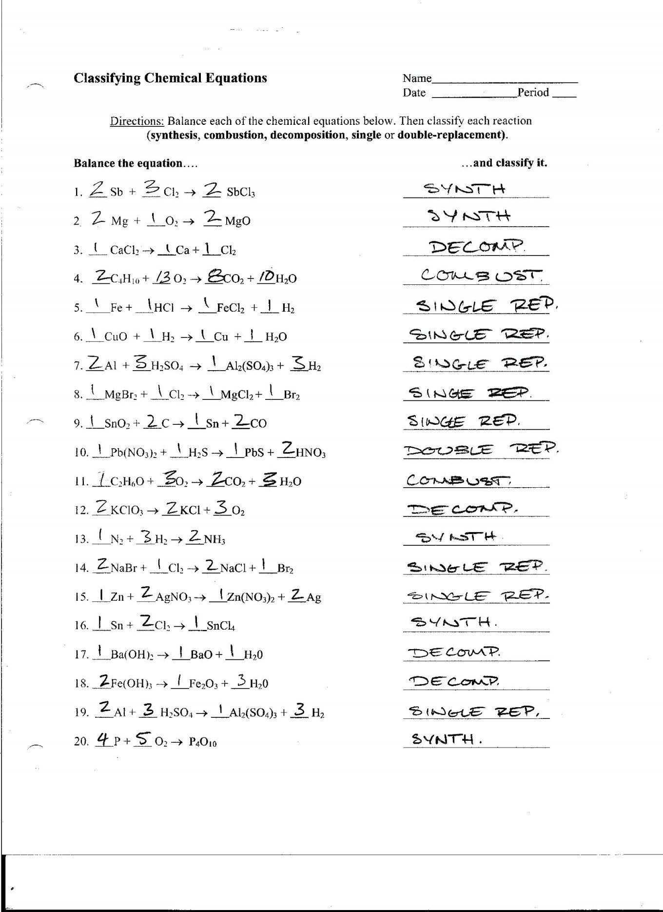 Balancing Chemical Equations Worksheet 2 Classifying Chemical Reactions with regard to Chemical Formula Worksheet Answers