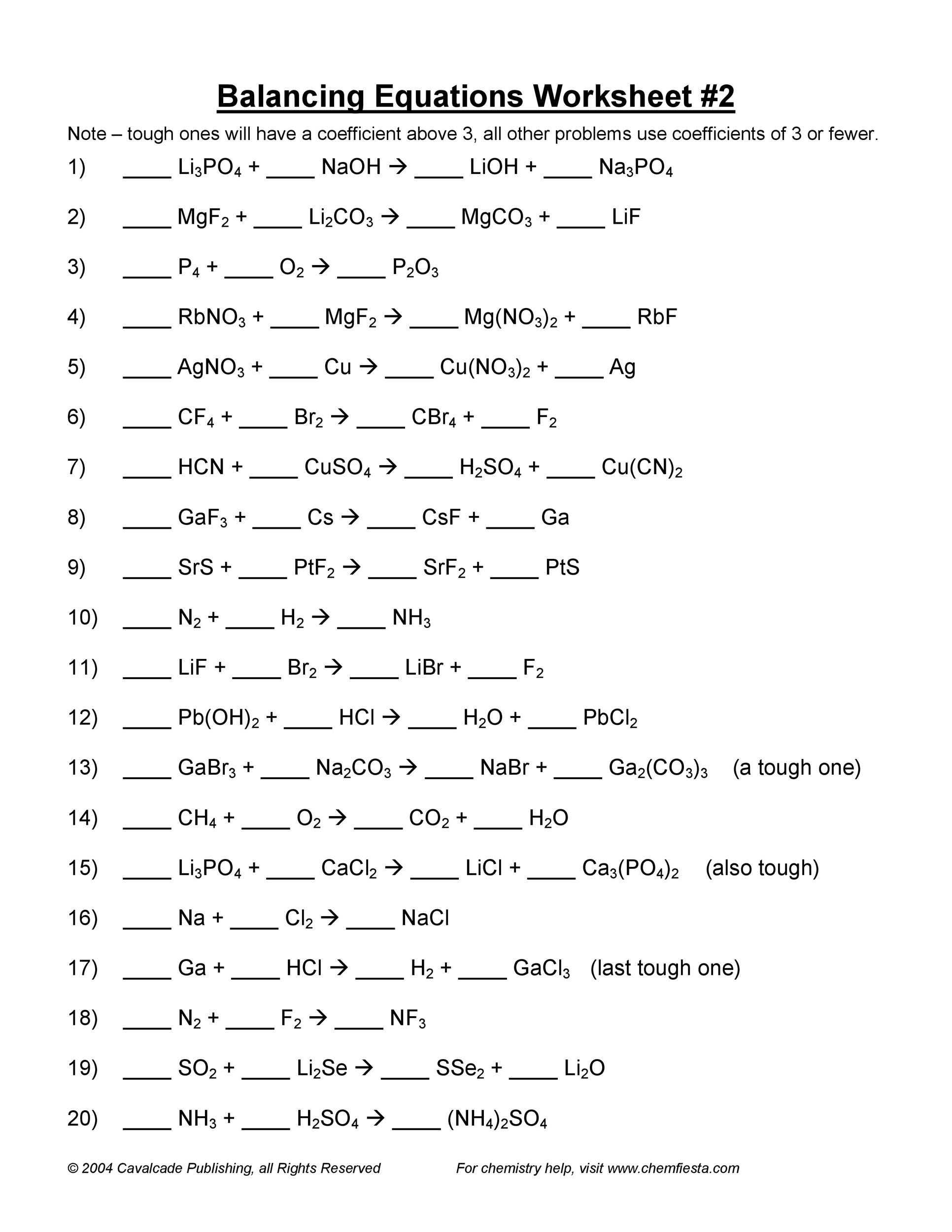 Balancing Chemical Equations Worksheet Pdf regarding Balancing Chemical Equations Worksheet 1