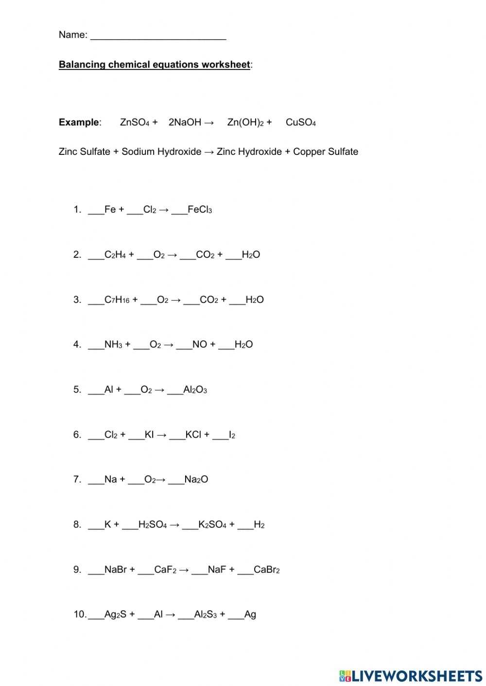 Balancing Chemical Equations Worksheet Worksheet In Balancing Chemical Equations Worksheet 1