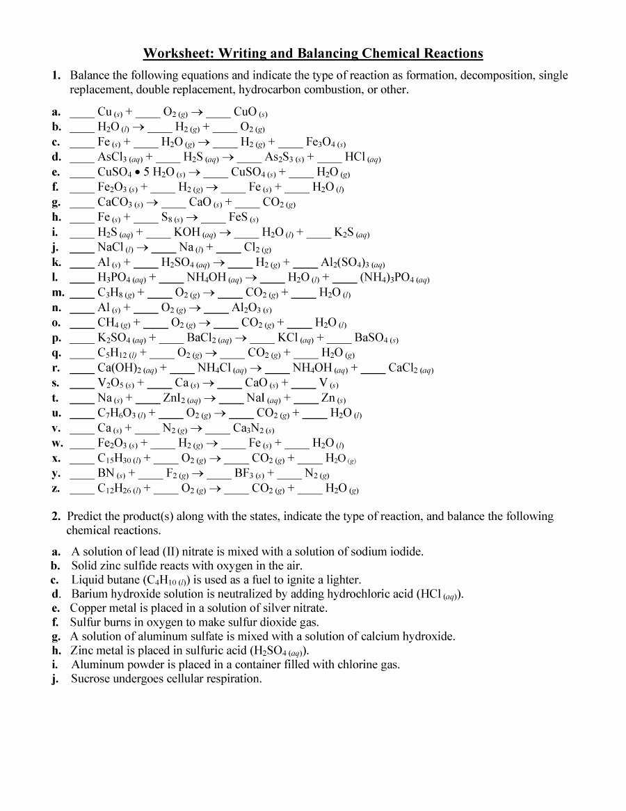 Balancing Equations And Types Of Reactions Worksheet Answers Inside Types Of Reactions Worksheet