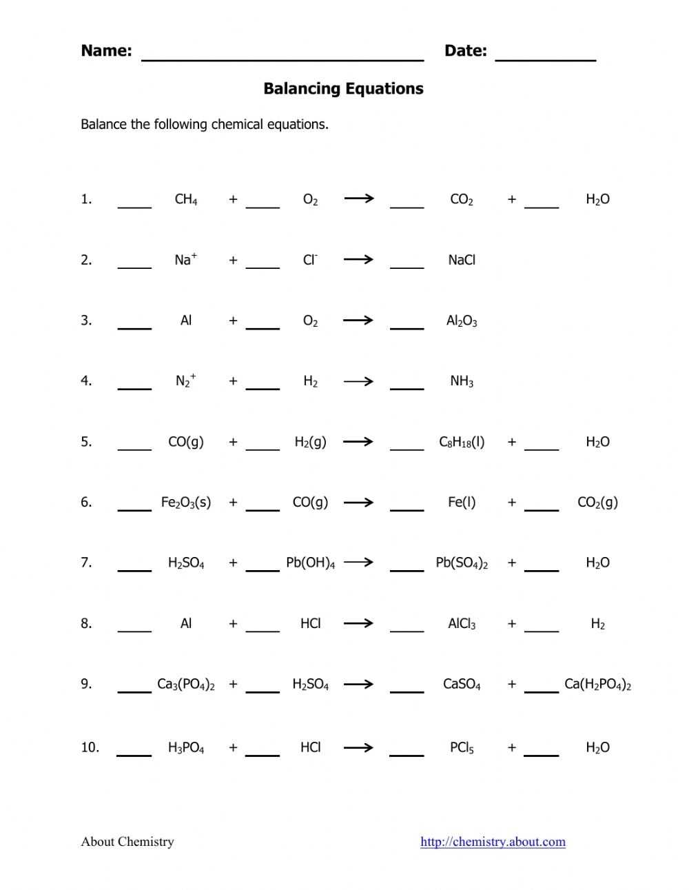 Balancing Equations Worksheet Answers within Balancing Chemical Equations Worksheet Answers
