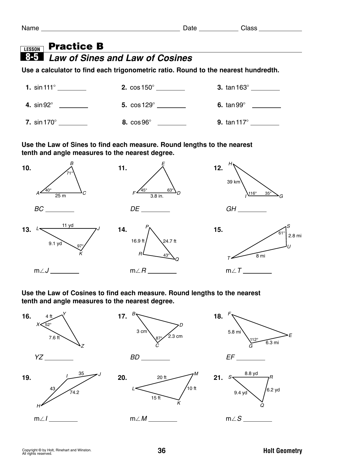 Bestseller: Holt Geometry Worksheet Answers Reteach Lesson 3 6 Lines In Pertaining To Law Of Sines Worksheet Answers