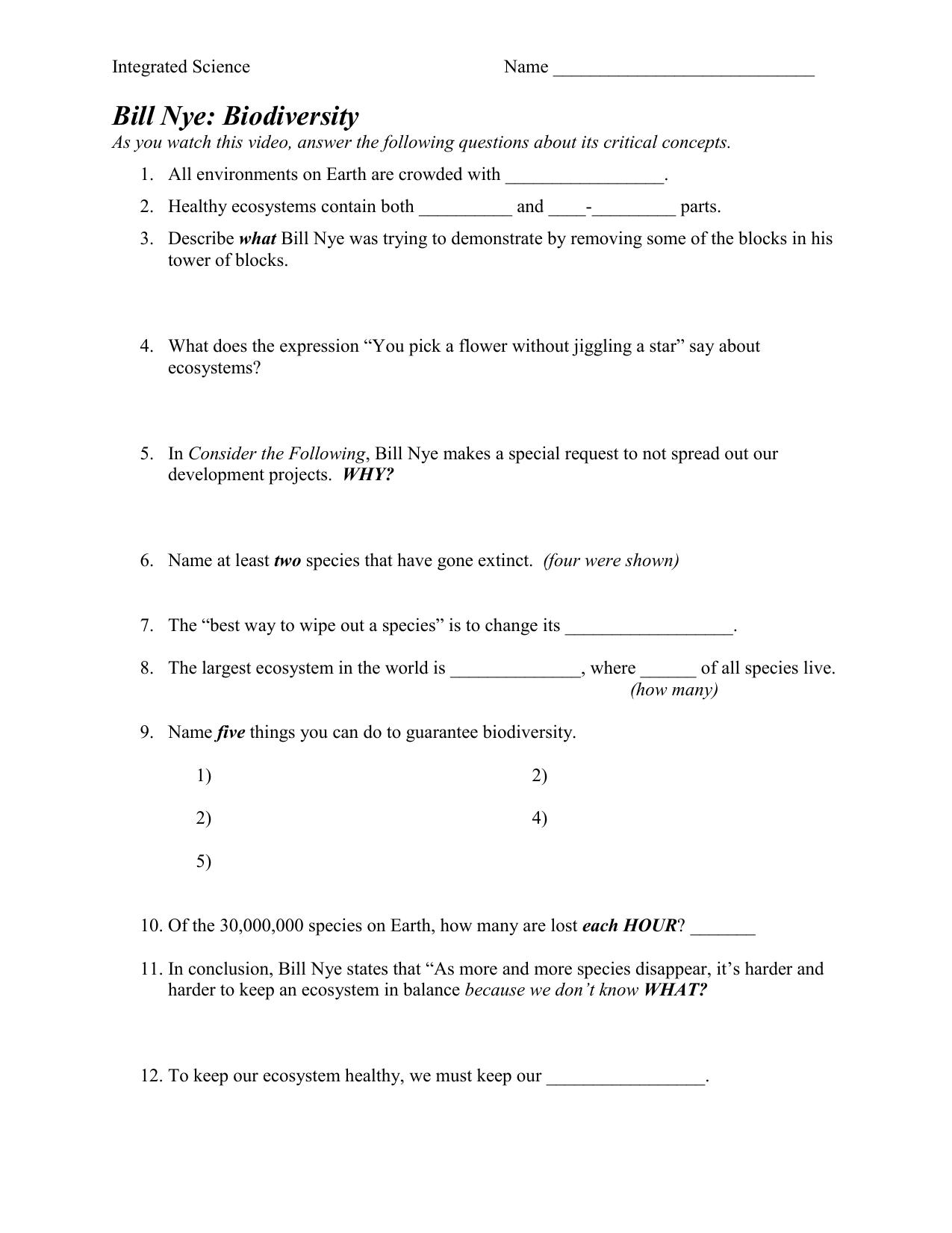 Bill Nye Biodiversity Video Worksheet Answer Key - Worksheet Template With Bill Nye Erosion Worksheet