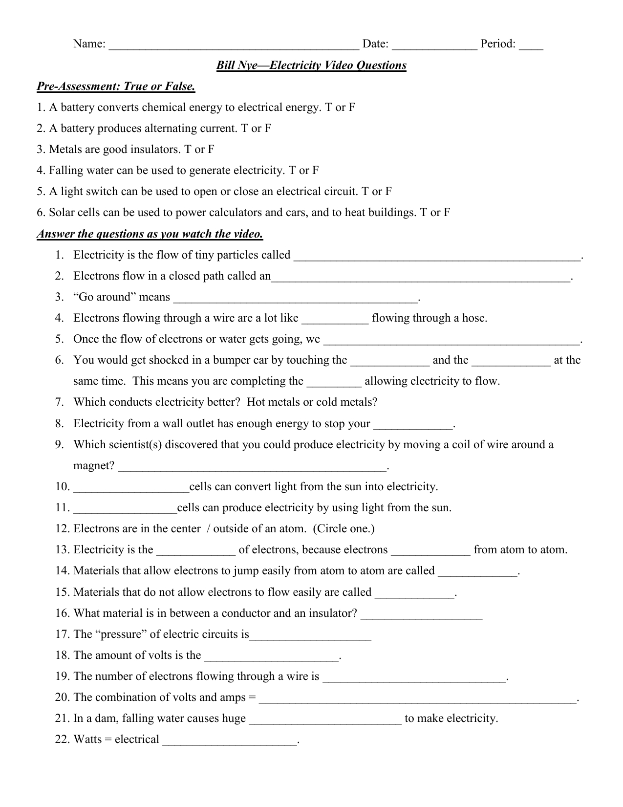Bill Nye Electricity Worksheet Answers With Electrical Power Worksheet Answers