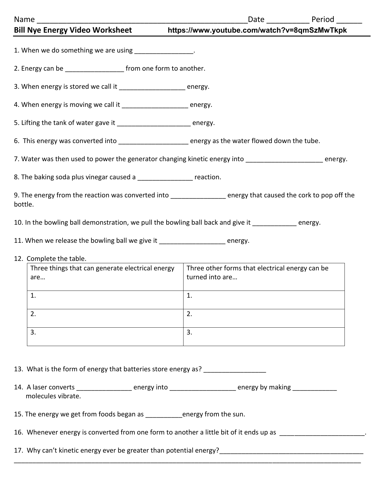 Bill Nye Electricity Worksheet with regard to Bill Nye Energy Worksheet