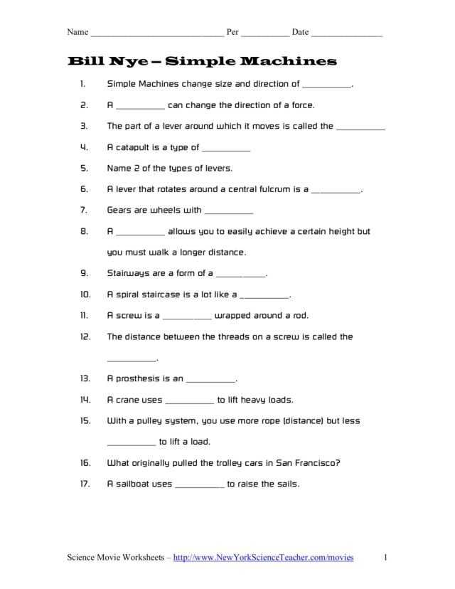 Bill Nye Simple Machines Worksheets throughout Simple Machines Worksheet Answers