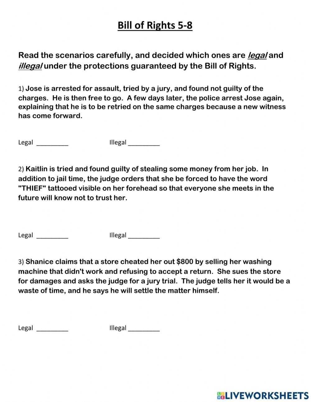 Bill Of Rights 5-8 Scenarios Worksheet Worksheet regarding Bill Of Rights Scenario Worksheet