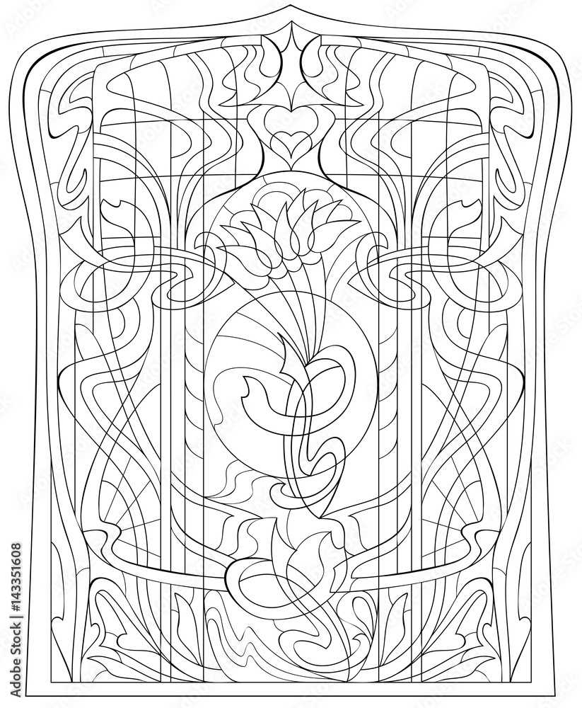 Black And White Page For Coloring. Drawing Of Beautiful Window With Inside Stained Glass Windows Worksheet