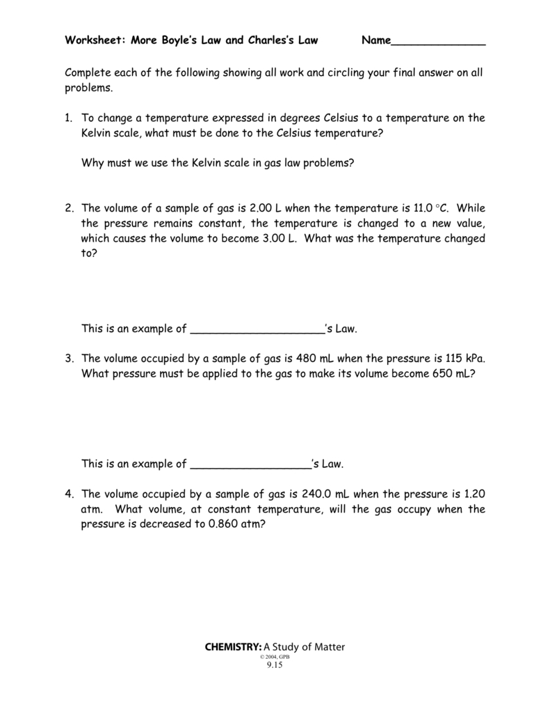 Boyle'S Law And Charles' Law Worksheet with Boyle&amp;#039;s Law Worksheet Answer Key