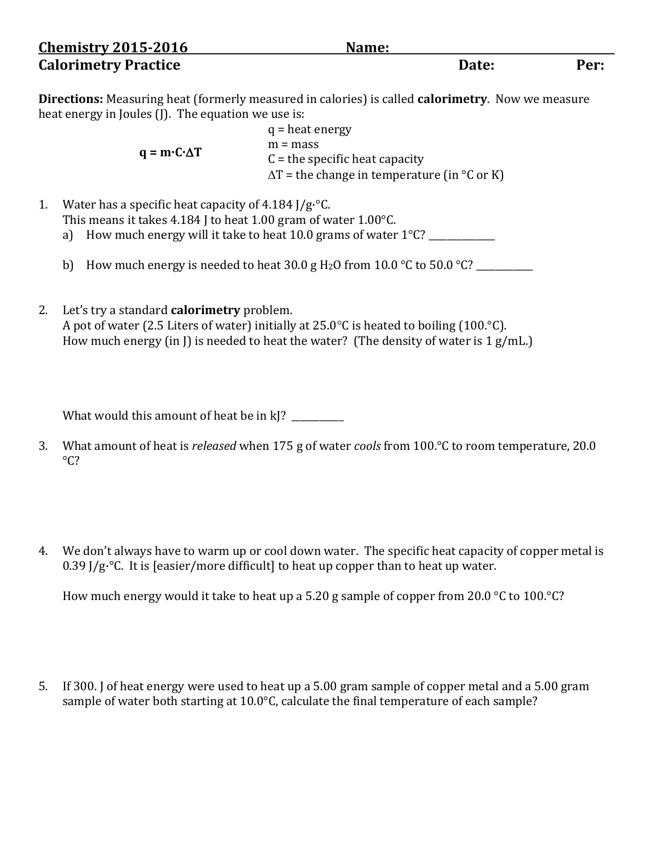 Calorimetry Worksheet Answer Key regarding Calorimetry Worksheet Answer Key