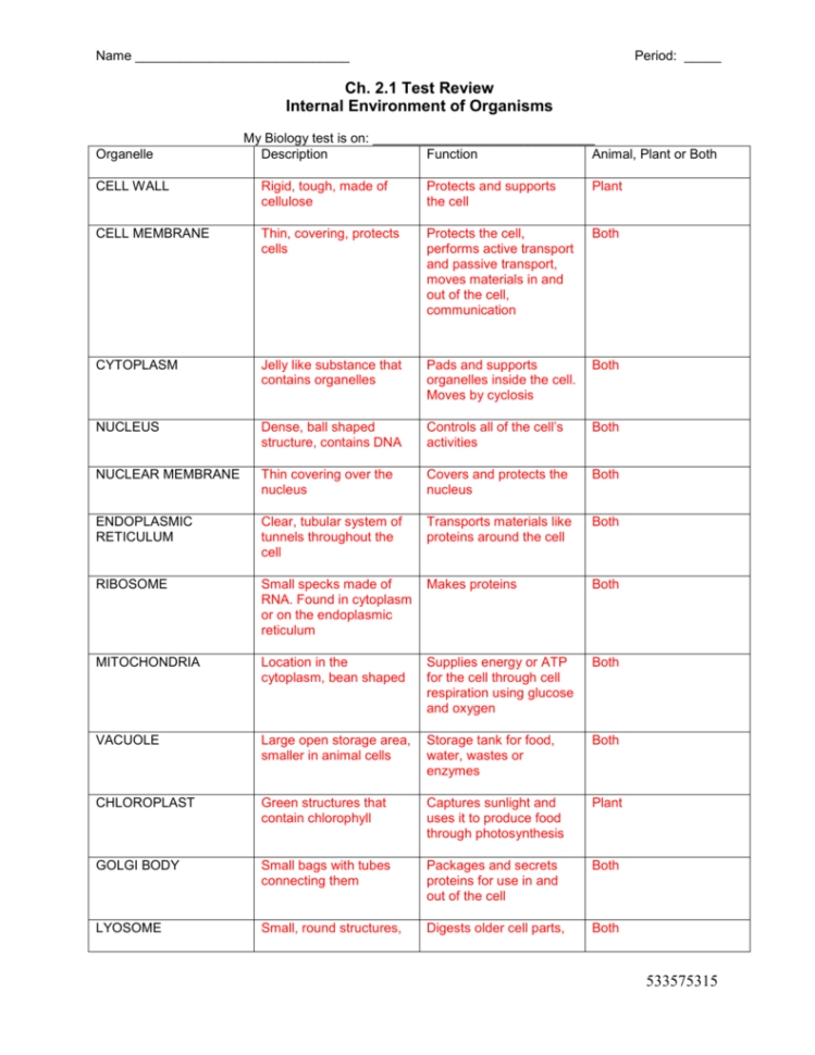 Cell Organelles And Their Functions Worksheet — Db-Excel pertaining to Function Of The Organelles Worksheet