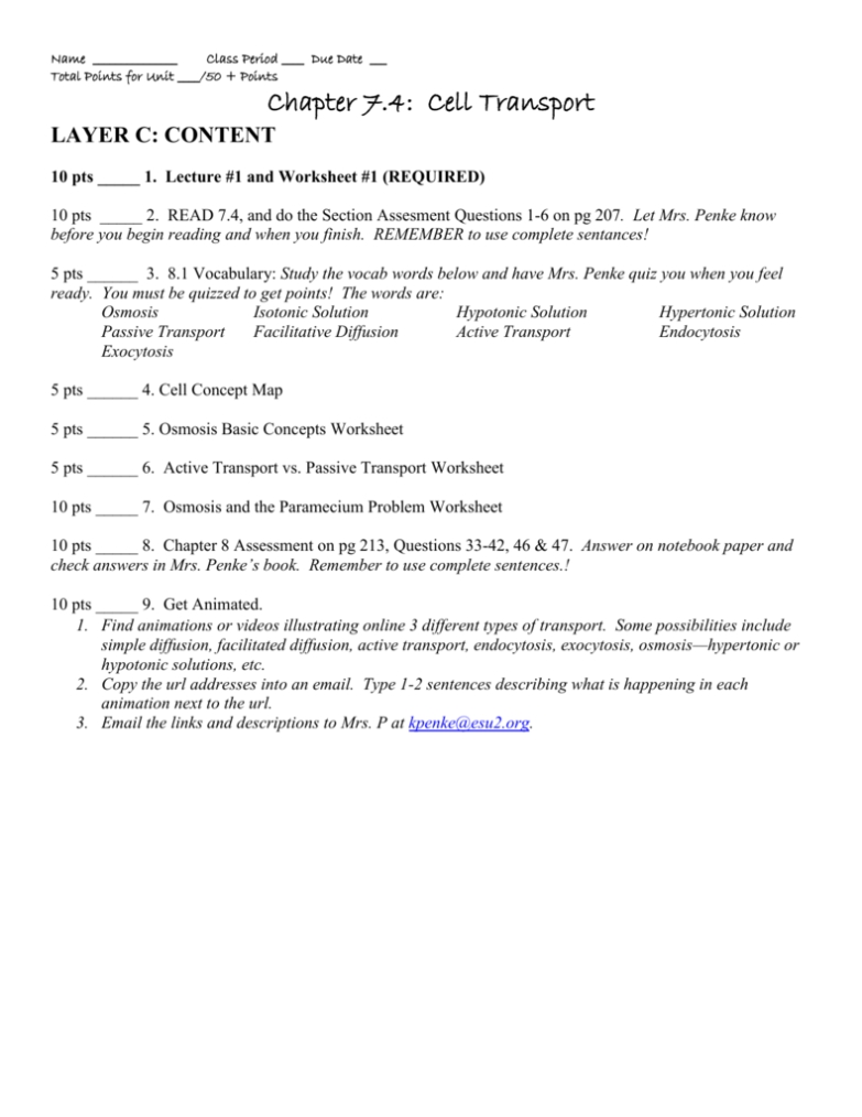 Ch. 7.4-Cell Transport Assignment Sheet throughout 7 3 Cell Transport Worksheet Answers
