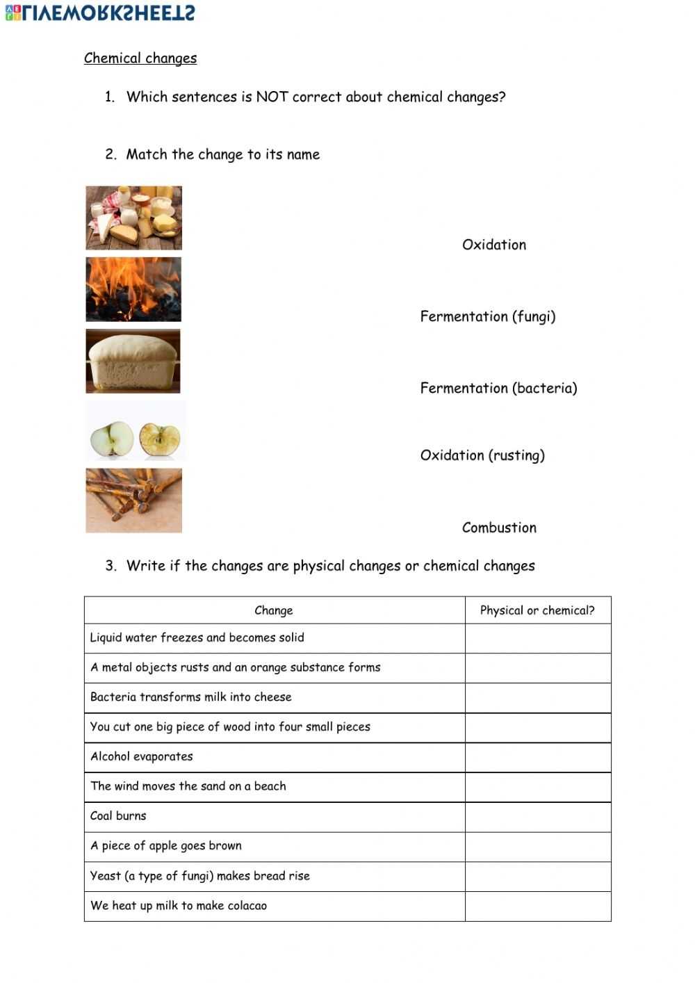 Chemical And Physical Change Worksheet In Physical And Chemical Changes Worksheet